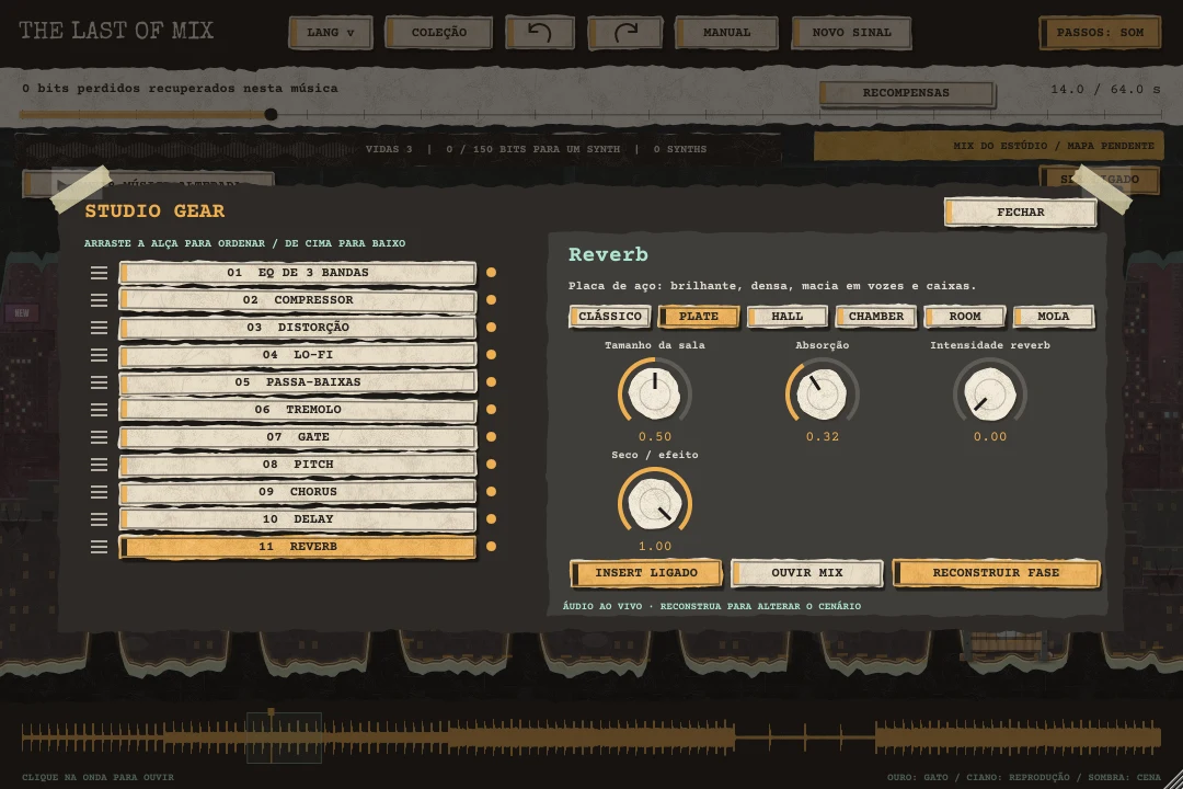 Studio Gear rack showing reverb controls and the effects chain