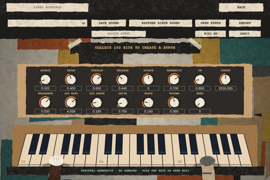 Synth workshop with keyboard and synthesis controls